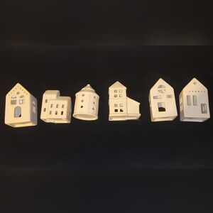 6 Pc Ceramic Mini House Candle Holders, Rustic Christmas Villa In Cream & Tan